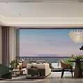 Modern Living And Dining Room Interior With Chandelier Sofa Dining Table And Window View 3d model