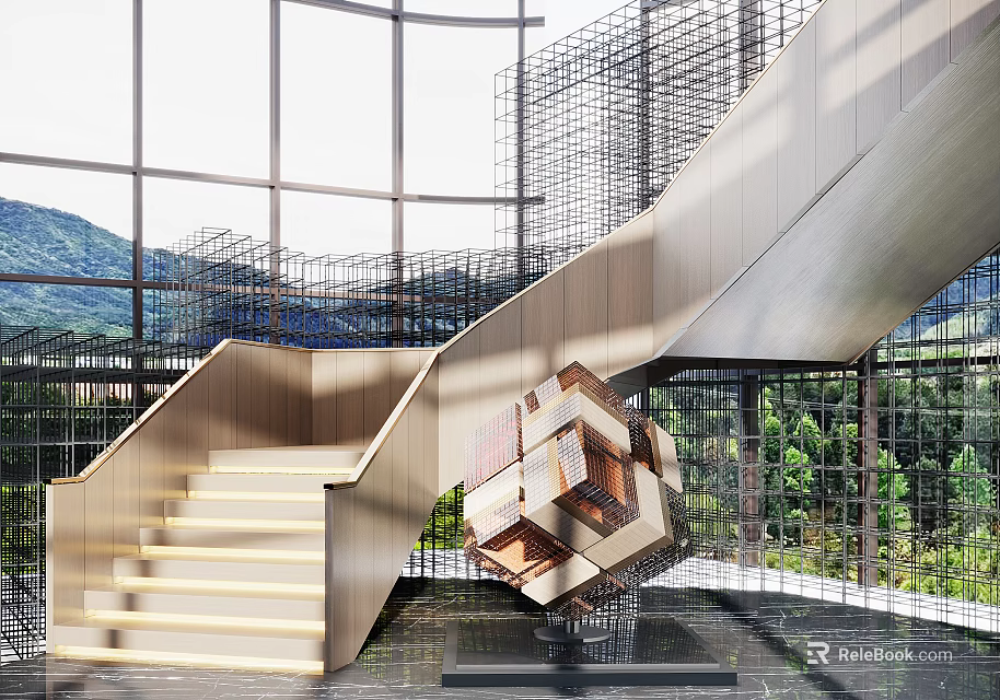 Modern Staircase Interior Design With Metal Structure Glass Walls Natural View And Artistic Sculpture 3d model 