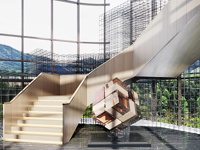 Modern Staircase Interior Design With Metal Structure Glass Walls Natural View And Artistic Sculpture 3d model