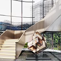 Modern Staircase Interior Design With Metal Structure Glass Walls Natural View And Artistic Sculpture