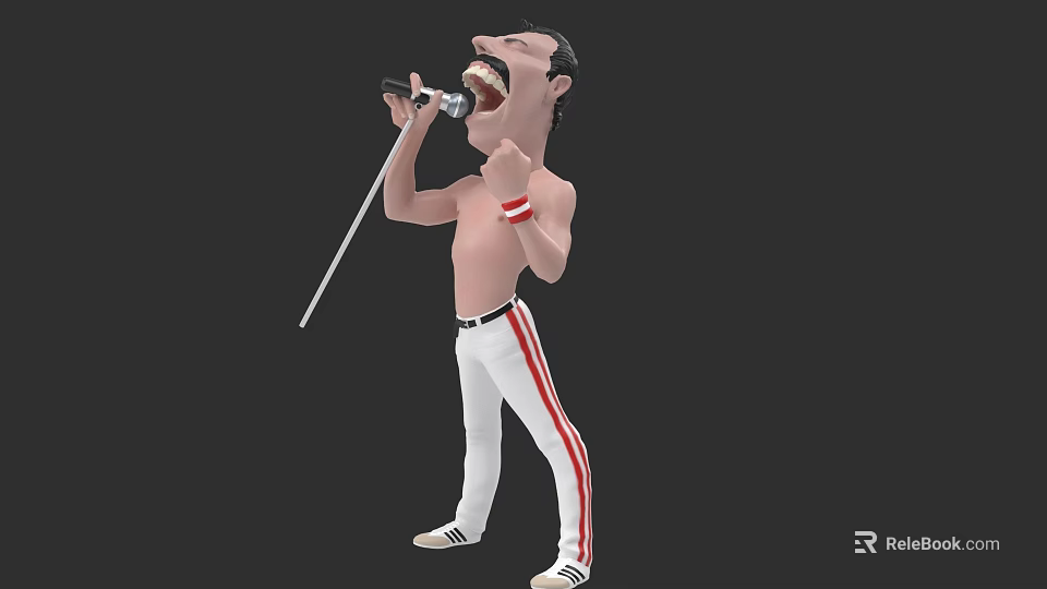 Shirtless Man Singing Into Microphone Wearing White Pants With Red Stripes 3d model 