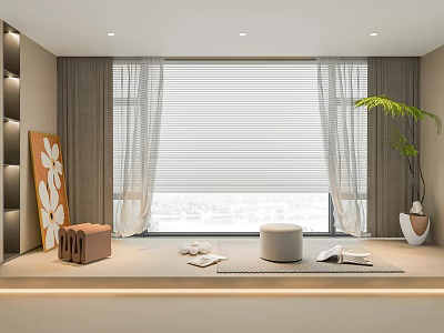 Modern Curtains With Blinds In Bright Wooden Room Interior And Natural Light Decor Plants 3d model