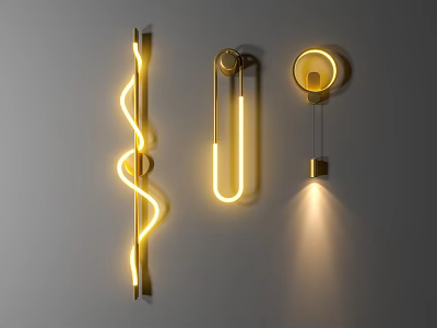 Modern Luxury Wall Lamps With Three Different Designs And Yellow Lighting Mounted On Grey Wall 3d model