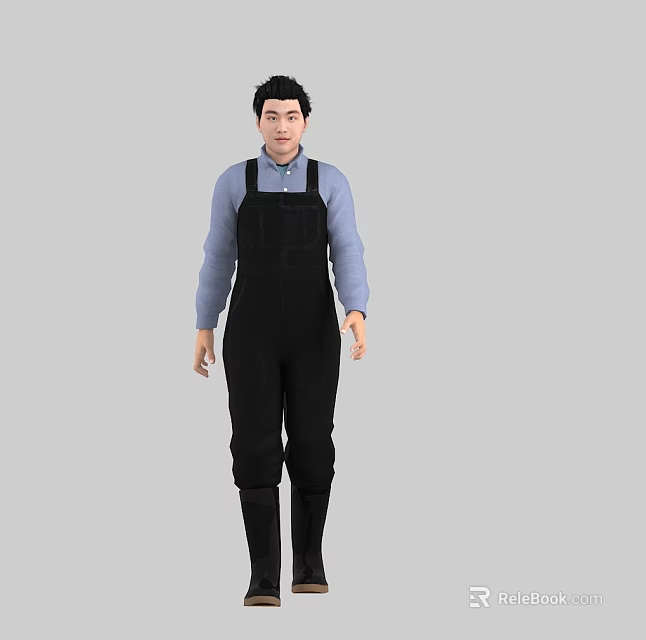 Man In Black Overalls Blue Shirt And Black Boots Standing Against Gray Background 3d model 