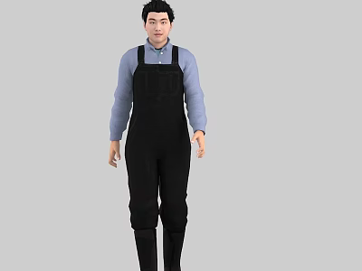 Man In Black Overalls Blue Shirt And Black Boots Standing Against Gray Background 3d model