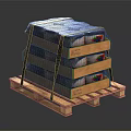Stacked Wooden Crates With Cans On Wooden Pallet Covered In Plastic