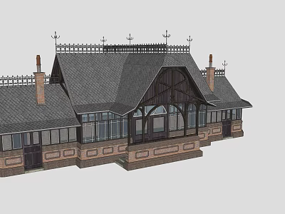 Vintage Historic Building With Pitched Roof Chimneys Wrought Iron Fence And Large Windows 3d model
