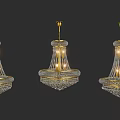 Elegant Three Hanging Crystal Chandeliers With Golden Frame And Illuminated Crystal Decorations