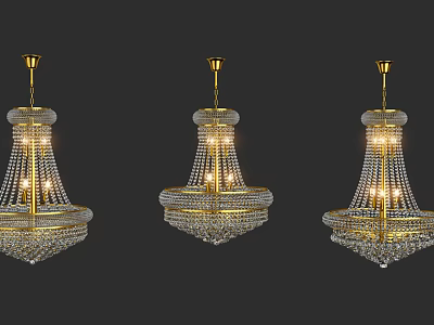Elegant Three Hanging Crystal Chandeliers With Golden Frame And Illuminated Crystal Decorations 3d model