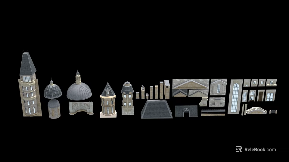 Various Architectural Elements Featuring Domes Towers Arches And Window Frames 3d model 