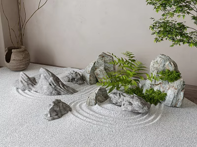 Natural Stone And Wood Zen Garden Design With Ripple Sand Green Plants And Moss 3d model