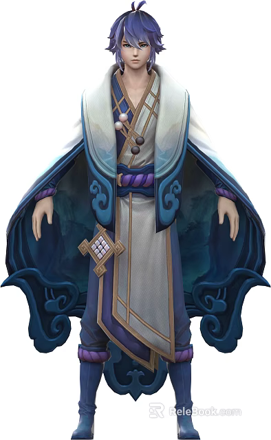 Game Movie Character With Blue And White Long Robe Flowing Sleeves And Decorative Belt 3d model 