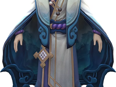Game Movie Character With Blue And White Long Robe Flowing Sleeves And Decorative Belt 3d model