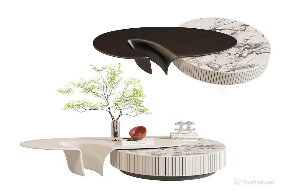 Modern Round Marble Coffee Table With Unique Design Green Plant Red Decor And White Ornament 3d model 