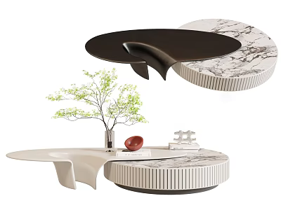 Modern Round Marble Coffee Table With Unique Design Green Plant Red Decor And White Ornament 3d model