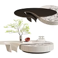 Modern Round Marble Coffee Table With Unique Design Green Plant Red Decor And White Ornament