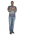 Man in Gray T-Shirt with Blue Jeans Using Smartphone Standing on Black Line Gray Background