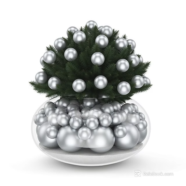 Decorative Ornament Set with Silver Balls and Green Pine Branches in Glass Bowl 3d model 