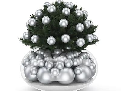 Decorative Ornament Set with Silver Balls and Green Pine Branches in Glass Bowl 3d model