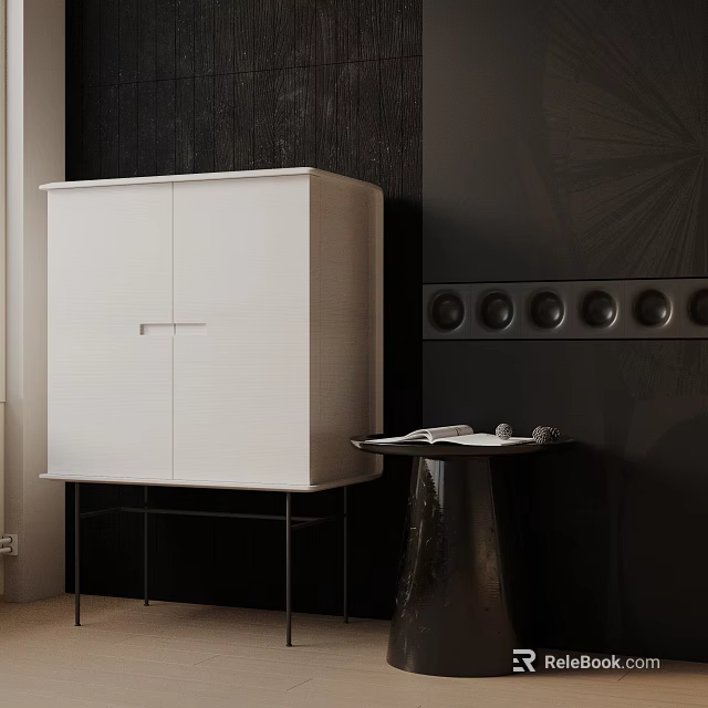 Modern Metallic Silver Side Table With White Cabinet Black Wall And Circular Decorative Patterns 3d model