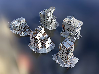 Multiple Collapsed Buildings Displaying Ruins And Broken Structures At Disaster Site 3d model