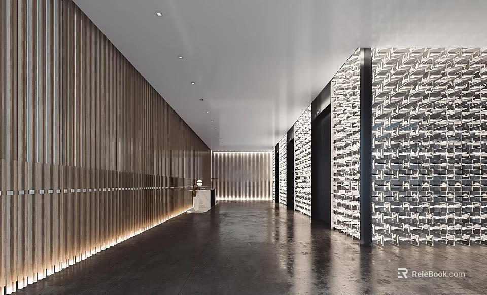 Elegant Modern Elevator Hallway Interior With Striped Metal Walls And Illuminated Stone Panels 3d model 