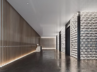 Elegant Modern Elevator Hallway Interior With Striped Metal Walls And Illuminated Stone Panels 3d model