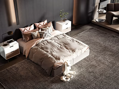 Modern Double Bed With Dark Gray Wall White Nightstands And Pink Beige Bedding On Rug 3d model