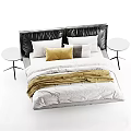 Stylish Modern Double Bed Featuring Black Leather Headboard White Beige Sheets Pillows And Bedside Tables