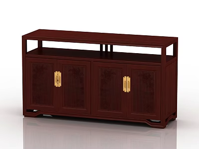 Traditional Dark Brown Sideboard With Lattice Door Panels Golden Handles And Elevated Legs 3d model
