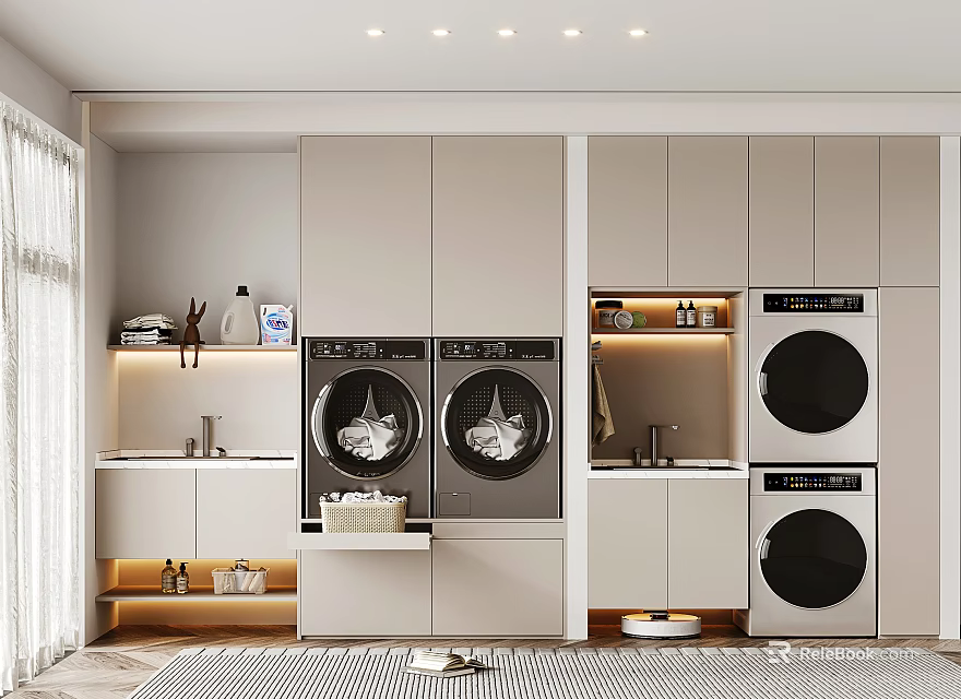 Modern White Bathroom Cabinet With Washing Machine Dryer Storage And Lighting Design 3d model 