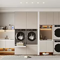Modern White Bathroom Cabinet With Washing Machine Dryer Storage And Lighting Design