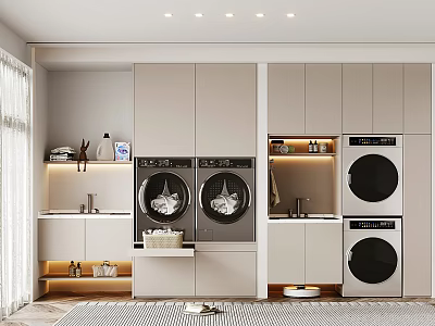 Modern White Bathroom Cabinet With Washing Machine Dryer Storage And Lighting Design 3d model