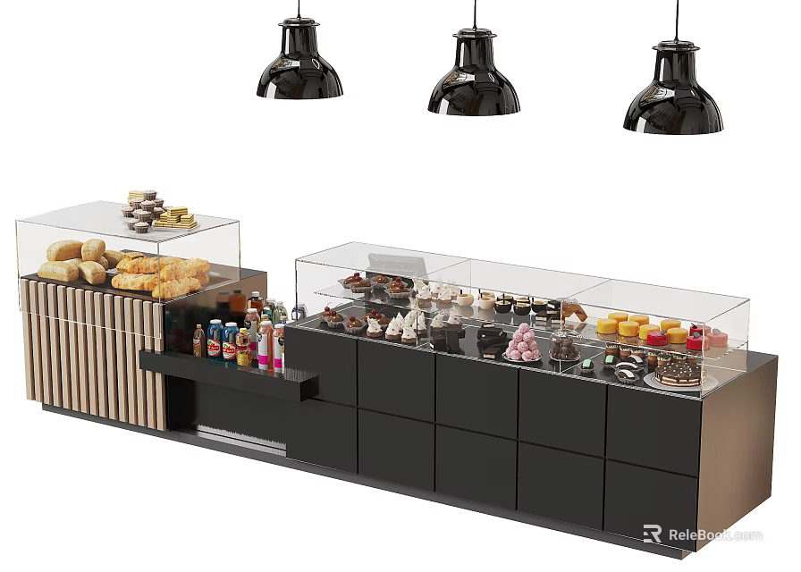 Sweet Shop Display Counter With Glass Cases Various Desserts Bread Cakes And Pendant Lighting 3d model 
