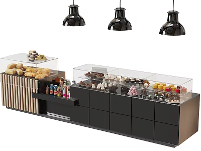Sweet Shop Display Counter With Glass Cases Various Desserts Bread Cakes And Pendant Lighting 3d model