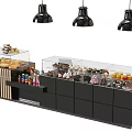 Sweet Shop Display Counter With Glass Cases Various Desserts Bread Cakes And Pendant Lighting