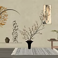 Zen Interior Decorative Ornament Arrangement Featuring Arched Niche Sculpture Clay Pot Hanging Painting Black Vase