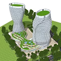 Twin Spiral Tower Commercial Complex With Green Rooftops And Surrounding Greenery