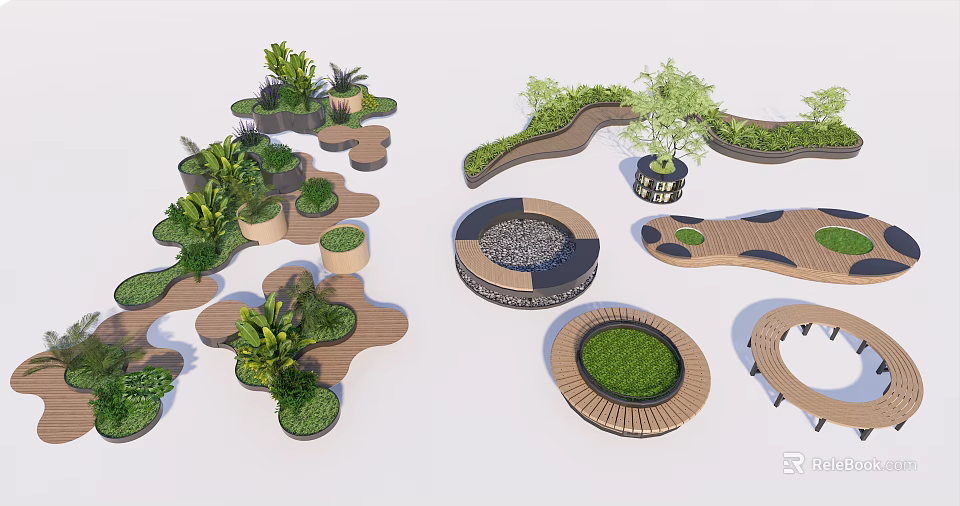 Creative Tree Planter Designs With Various Shapes Wooden Structures And Green Plants 3d model