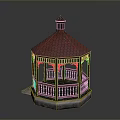 Traditional Wooden Hexagonal Gazebo With Red Tiled Roof And Stone Base