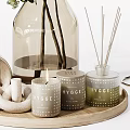 Decorative Ornament Set with Clear Glass Vase Green Foliage Reed Diffuser Candles and Wooden Tray