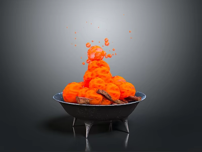 Orange Tree Fruits In Black Bowl With Splashing Juice On Gray Background 3d model