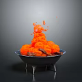 Orange Tree Fruits In Black Bowl With Splashing Juice On Gray Background