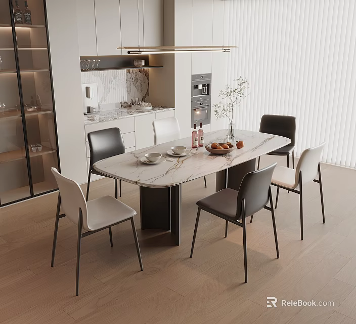 Modern Dining Table Set with Marble Top and Stylish Chairs in Open Kitchen Area 3d model 