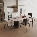 Modern Dining Table Set with Marble Top and Stylish Chairs in Open Kitchen Area 3d model