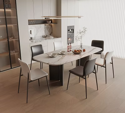 Modern Dining Table Set with Marble Top and Stylish Chairs in Open Kitchen Area 3d model
