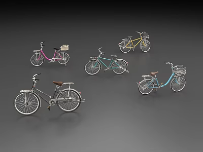 Colorful Vintage Bicycles with Front Baskets in Assorted Colors and Classic Design 3d model
