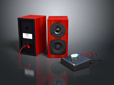 High Quality Red Wooden Audio Speakers System With Amplifier And Control Knob 3d model