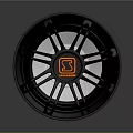 Modern Black Car Tire Rim Featuring Orange Sport Logo And Metallic Spokes