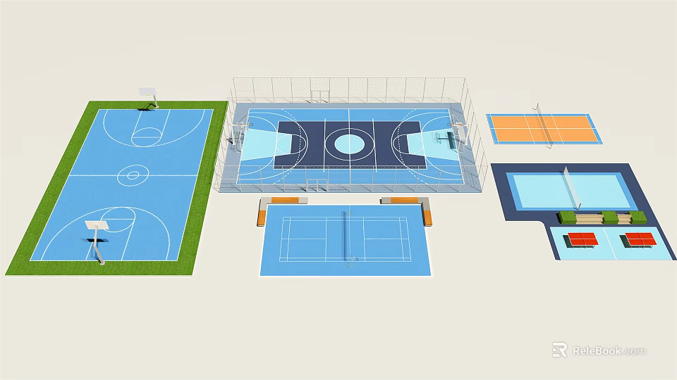 Multiple Basketball Court Layouts With Standard Playing Areas And Training Zones 3d model 